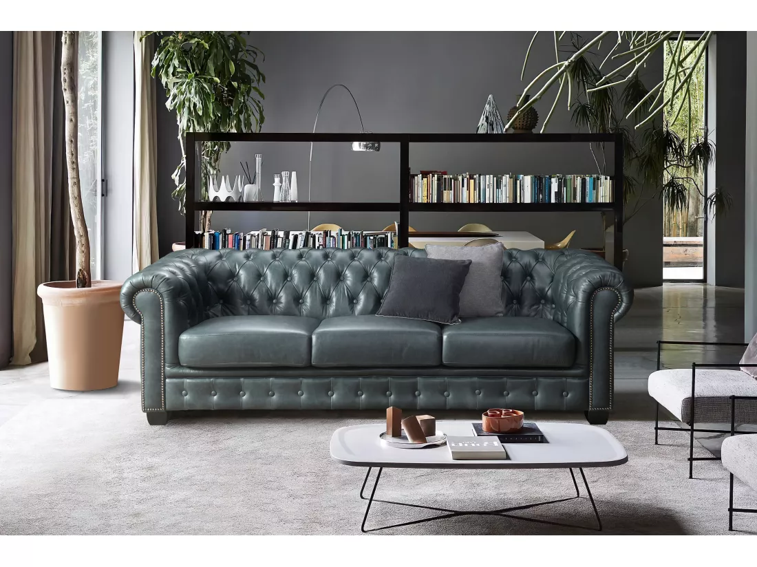 Canapé chesterfield 4 places BRENTON 100% cuir de buffle premium - Vert de gris