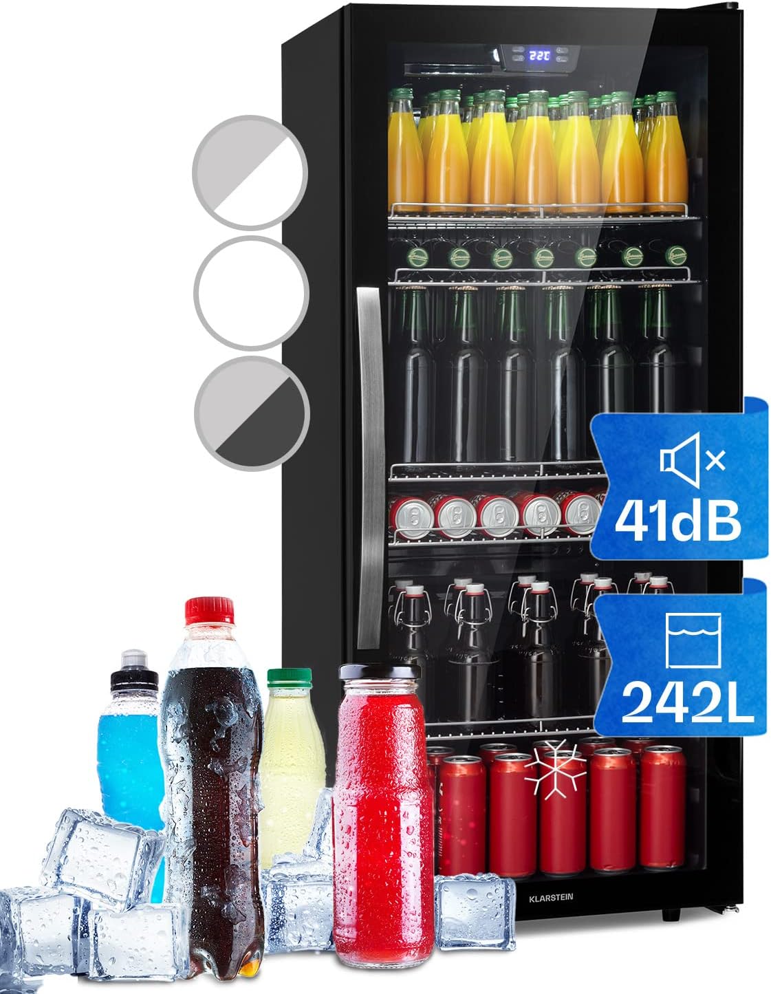 Klarstein Mini Kühlschrank mit Glastür, Mini-Kühlschrank für Zimmer, Getränkekühlschrank Klein mit Verstellbaren Ablagen, Kleiner Kühlschrank 242 Liter, Indoor/Outdoor Kühlschrank Leise