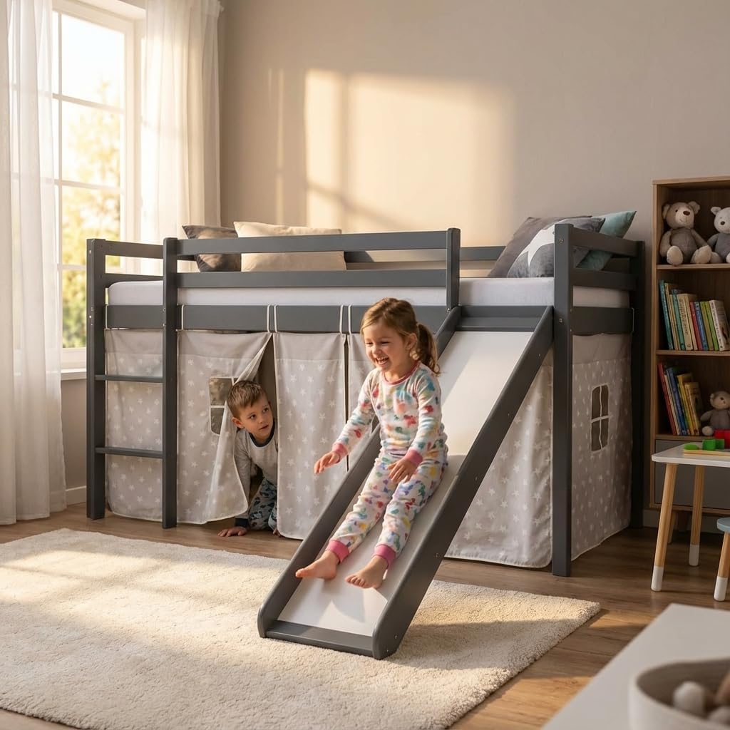 Homestyle4u Kinderbett Hochbett 90x200 Grau mit Rutsche & Leiter, Kinderhochbett stabil aus Massivholz Kiefer, Vorhang mit Sternen, Etagenbett Kinderzimmer | Artikel 1871