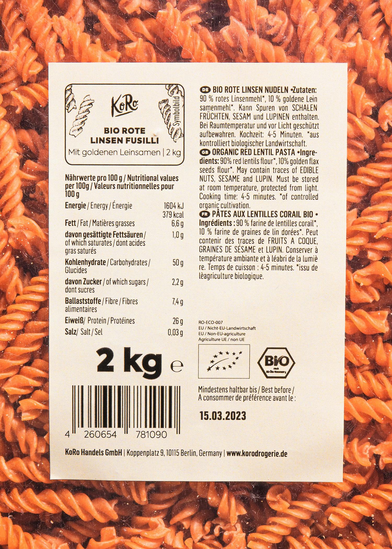 Bio Fusilli aus roten Linsen 2 kg