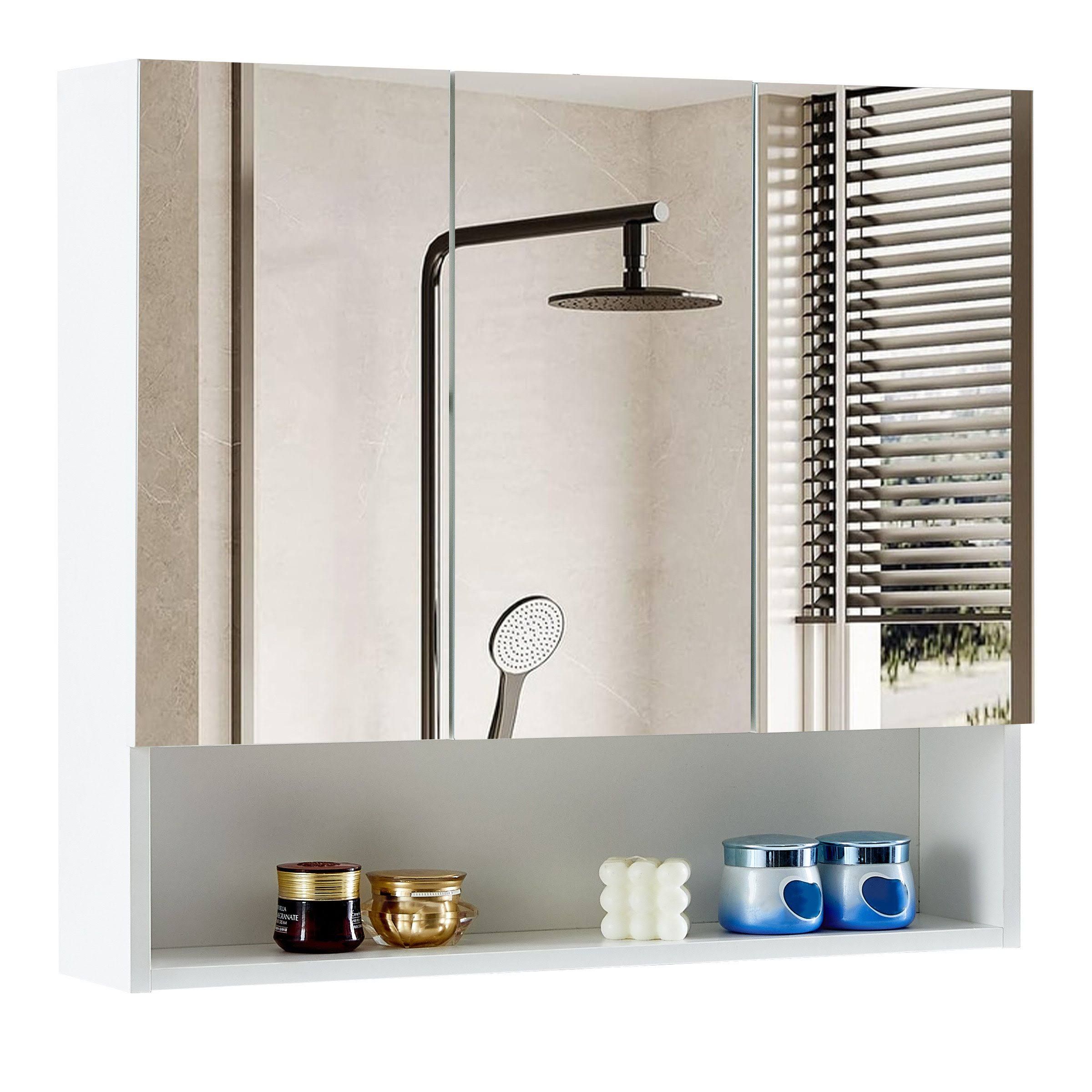 Bathroom Mirror Cabinet 3 Door Bathroom Storage Cupboard with Adjustable Shelves and Open Shelf Wall Mounted Mirror Cabinet for Living Room,Bathroom