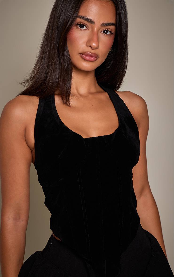 Noir Corset Col Licou En Faux Suède Avec Détails De Surpiqûres