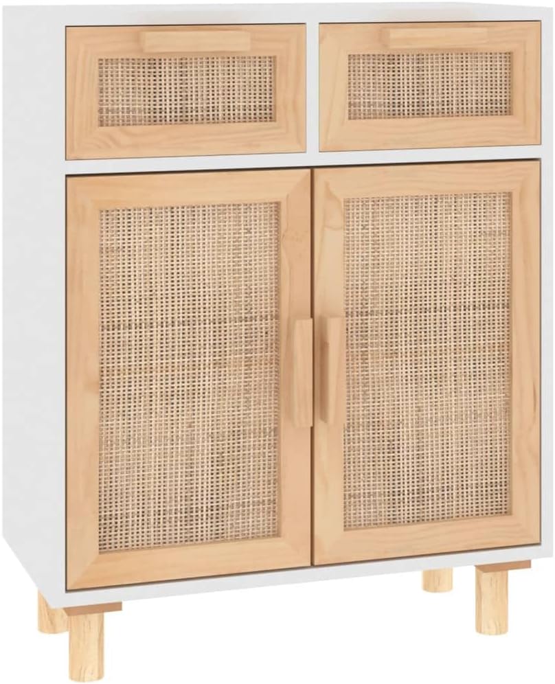 vidaXL Sideboard Schrank Anrichte Beistellschrank Kommode Mehrzweckschrank Standschrank Weiß 60x30x75cm Massivholz Kiefer Natur-Rattan