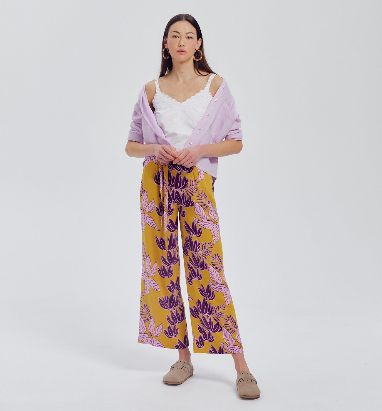 Pantalon large taille haute - Imprimé jaune