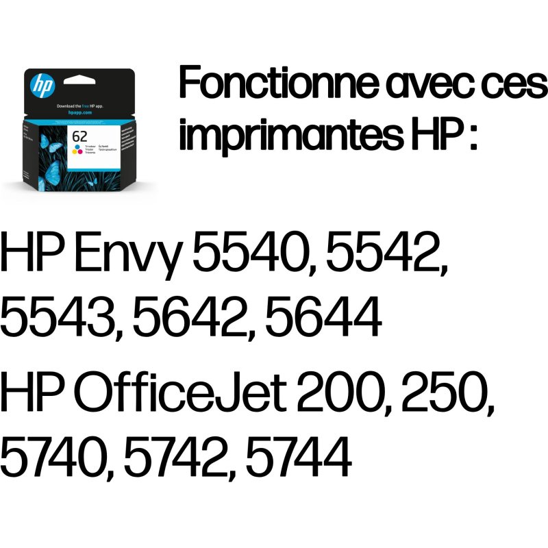 HP 62 cartouche d'encre trois couleurs authentique