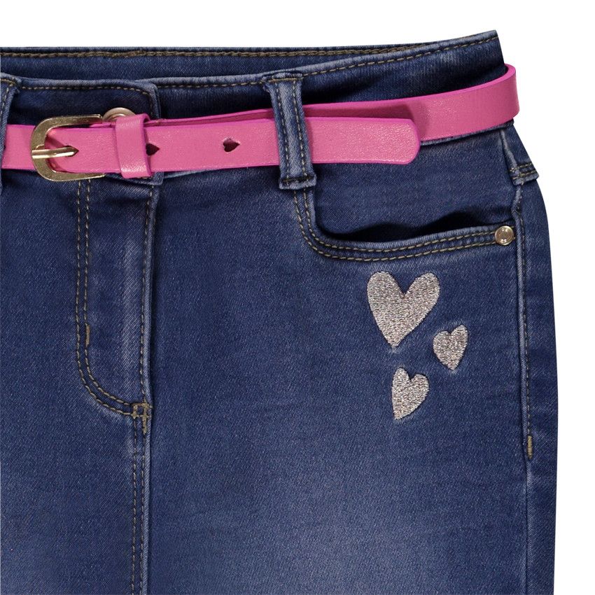Jean slim brodé cœurs + ceinture amovible pour fille - Bleu moyen