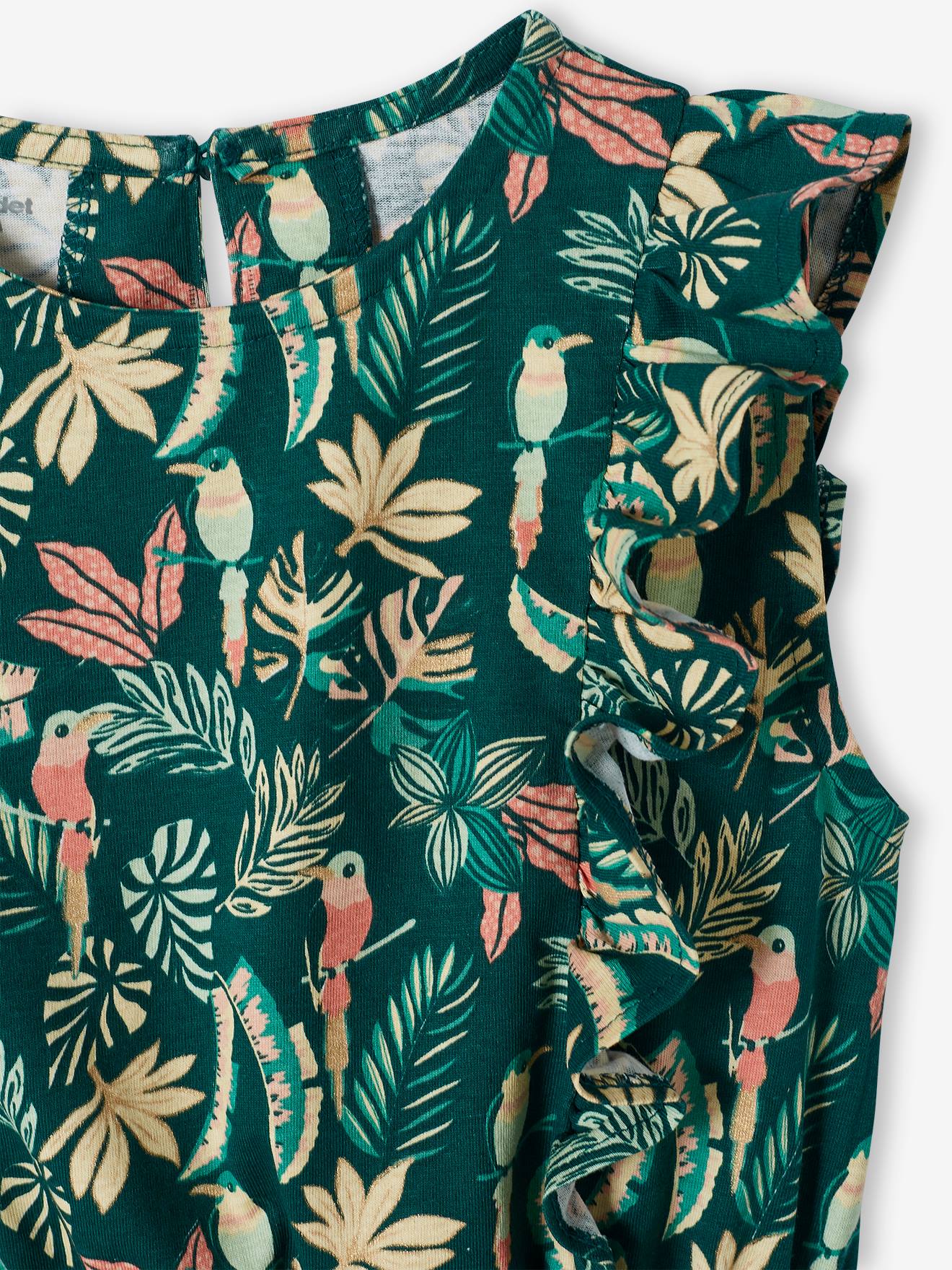Vestido estampado com babados, para meninas, estampa verde escura