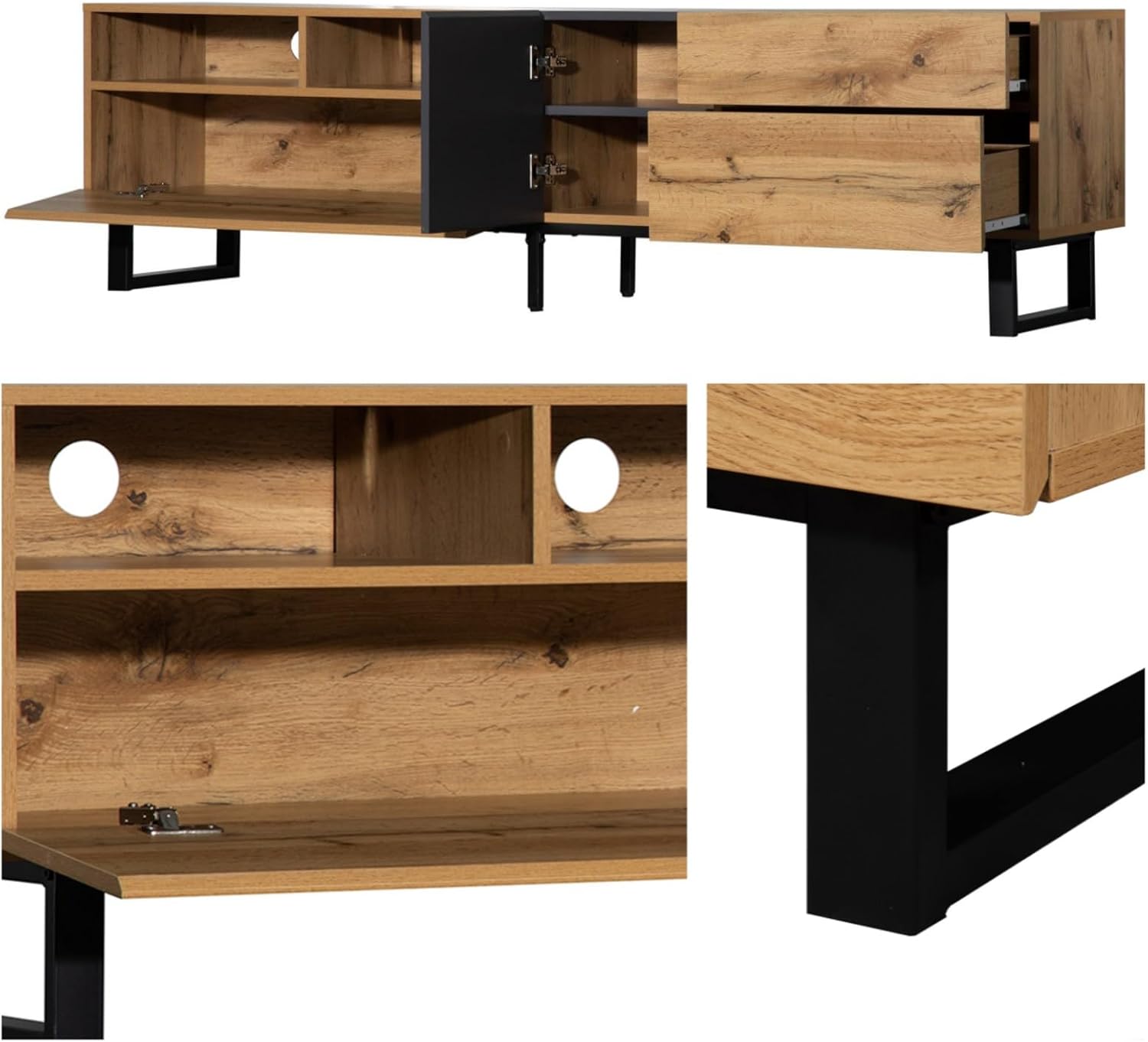 KOMHTOM Modernes schwarzes Holz farbkombination tv Schrank vorratsschrank, Sideboard mit 4 Fächern 1 Boden Tür 2 Schubladen, Mehrzweckschrank für Wohnzimmer Schlafzimmer Flur (C)