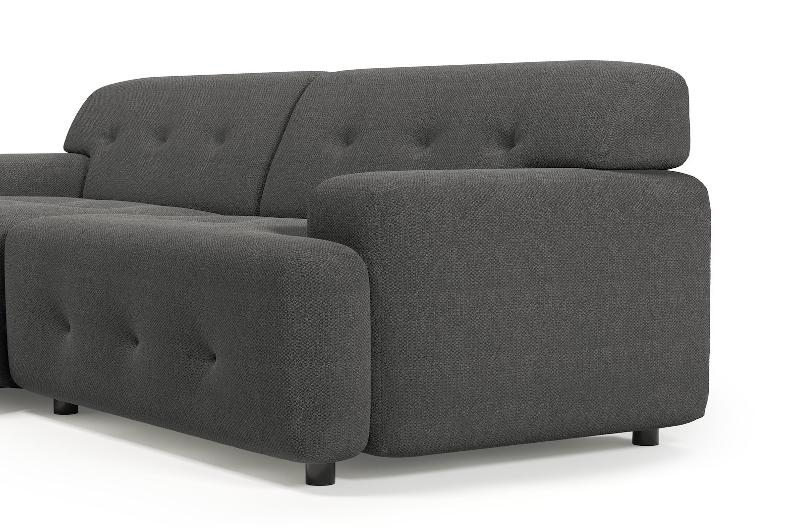 Bob sofa 1,5-seter med sjeselong venstre. Tekstil Mito 169 Antracite med sorte ben.