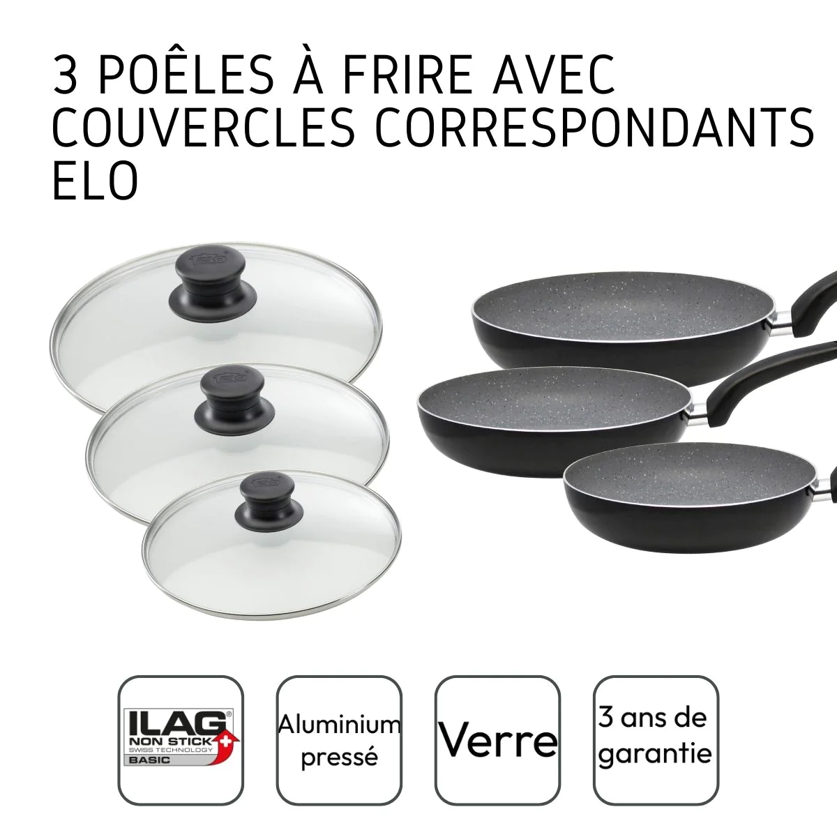 Ensemble de 3 poêles à frire et 3 couvercles en verre 20 cm 24 cm et 2