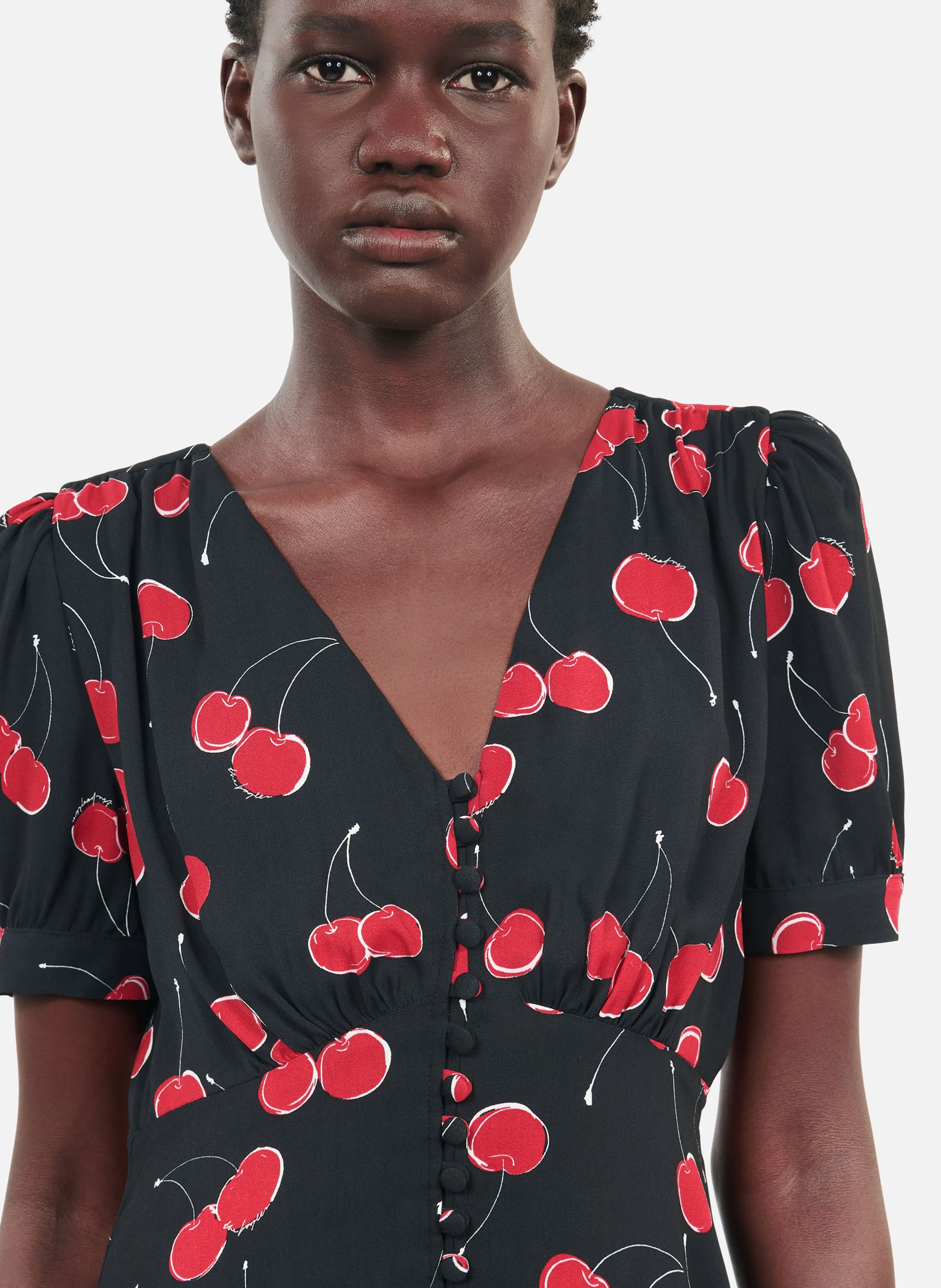 Robe longue col V imprimé cerise | Noir