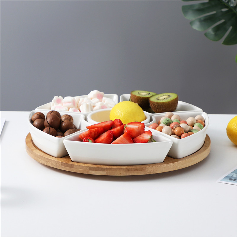 (7-tlg. Set) Ø29cm Keramik Servier Schalen Apéro Drehteller Snack Schälchen inkl. Holz Serviertablett für Tapas / Bowls / Dessert