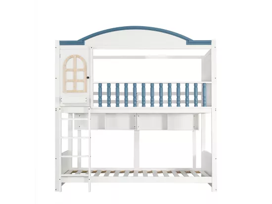 Lit superposé pour enfants 90x200cm, avec protection contre les chutes et rails, avec toit et fenêtres, clôture en bois massif, blanc + bleu
