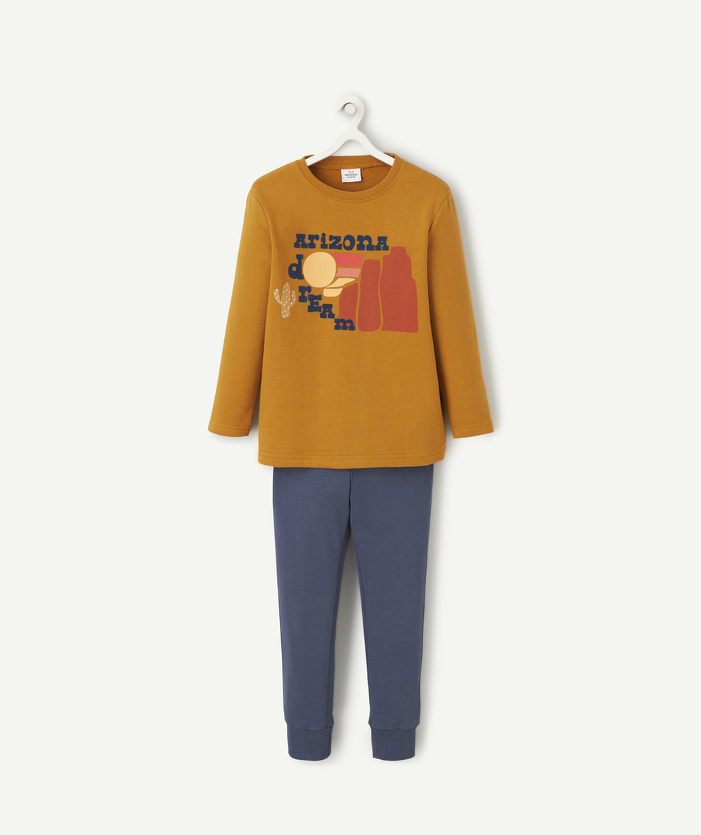 PYJAMA GARÇON EN COTON BIO MARRON ET BLEU AVEC MESSAGE ET MOTIFS