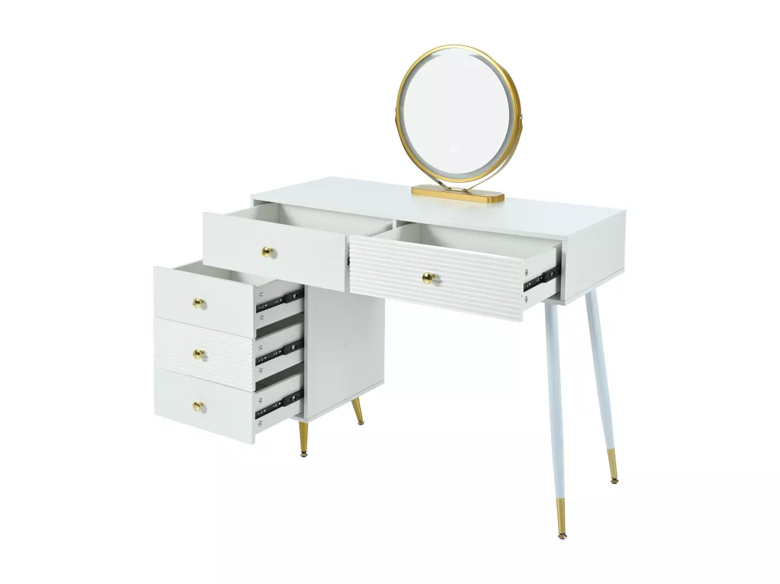 Coiffeuse avec miroir à LEDs - 5 Tiroirs spacieux + Armoire latérale réglable - Bois MDF - Blanc