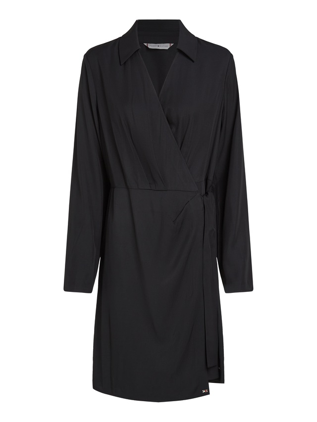 Tommy Hilfiger Wickelkleid »FLUID VIS LS WRAP SHORT DRESS« im Wickeldesign, mit Metalllabel