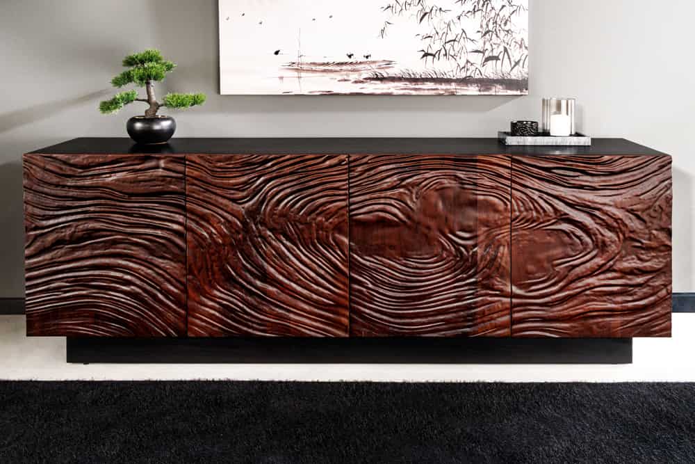 Massives Sideboard FLUID 175cm walnuss-braun Akazienholz 3D-Design schwarzer Sockelfuß