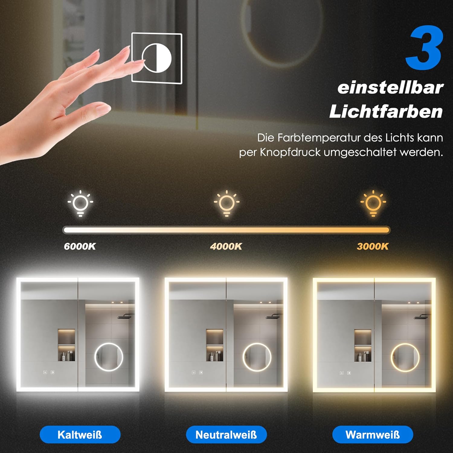 SONNI LED Spiegelschrank Bad mit 3-fache Vergrößerungsspiegel und Steckdose 65 x 60 cm, Aluminum Spiegelschrank mit Touch-Schalter, 3 Lichtfarben + Defogging, IP44 wasserciht