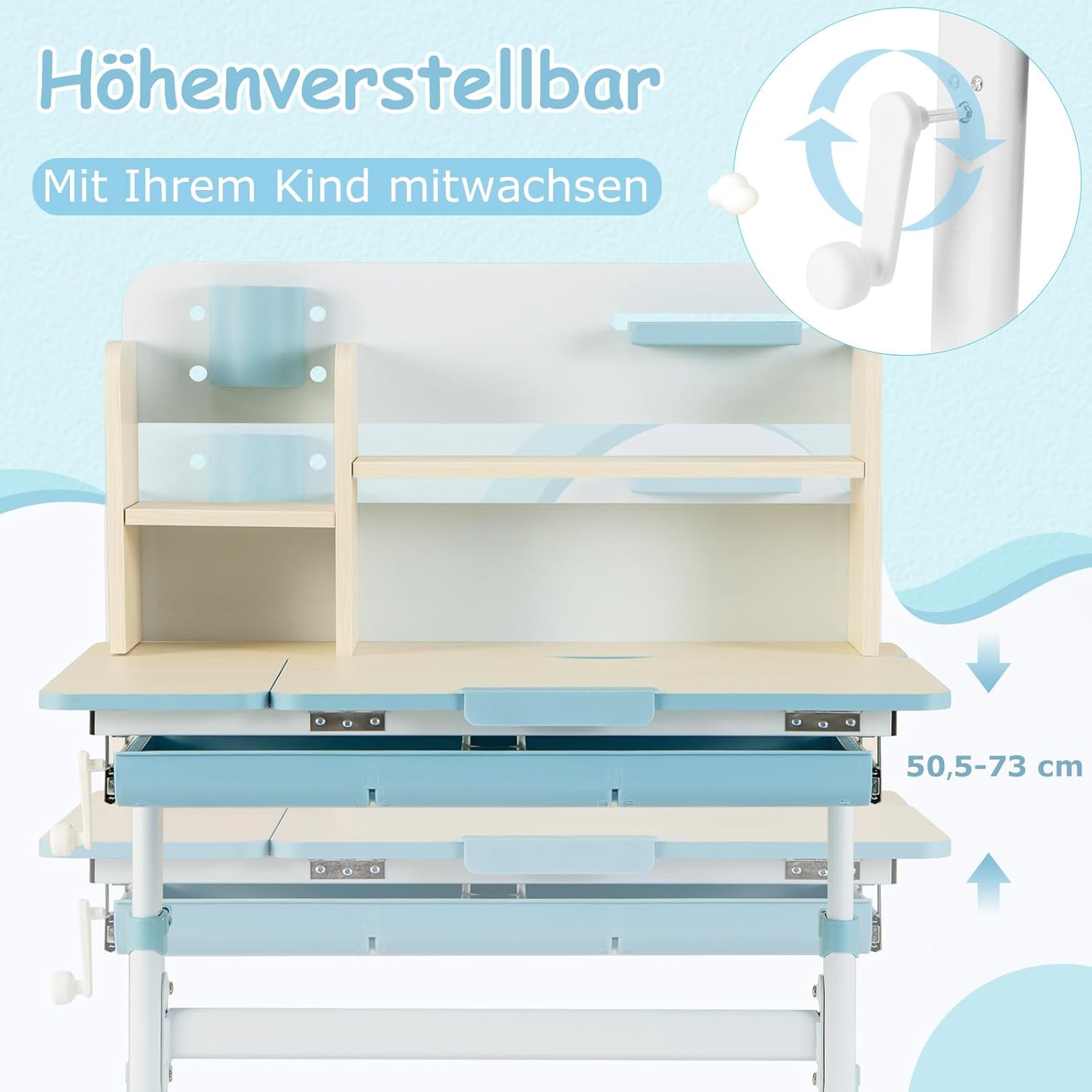 COSTWAY Kinderschreibtisch höhenverstellbar, Schreibtisch Kinder mit neigbarer Tischplatte, Regalen & Schublade, Jugendschreibtisch Schülerschreibtisch für 3-12 Jahre Kinder, 80 x 51 x 110,5cm (Blau)