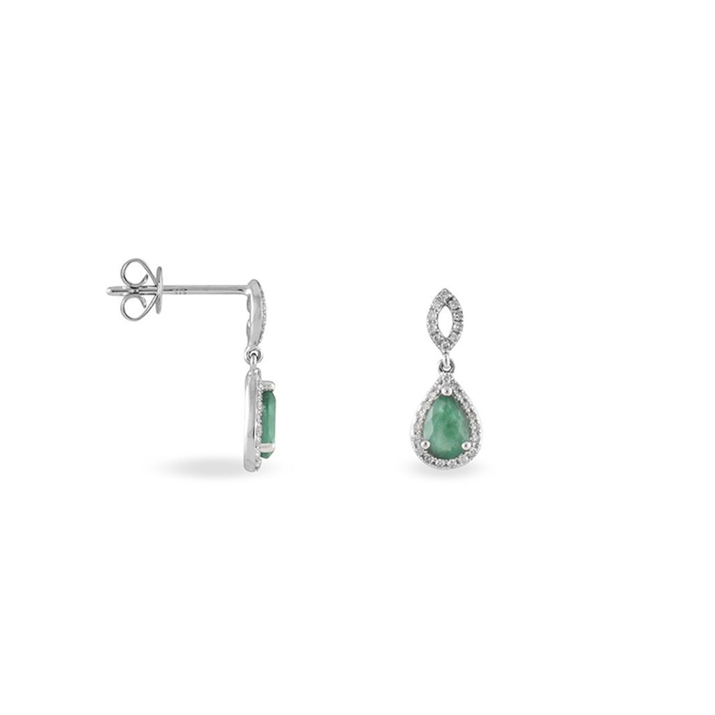 Boucles D'oreilles Puces Sissi Or Blanc Diamant Et Emeraude