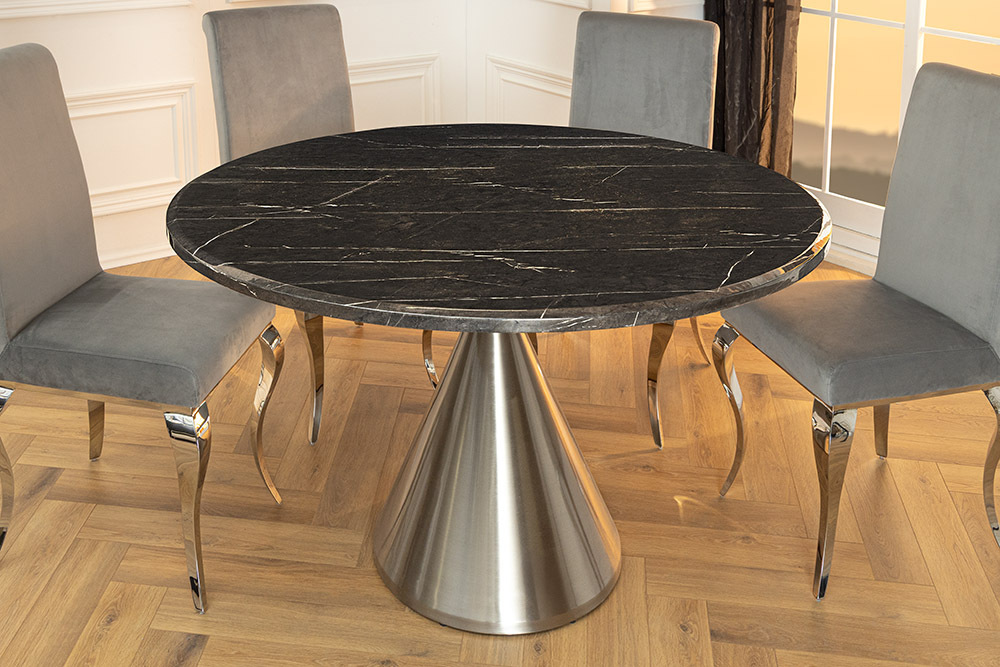 Runder Esstisch ELEGANCIA 130cm schwarz Marmor chrom Stahl mit Säulenfuß