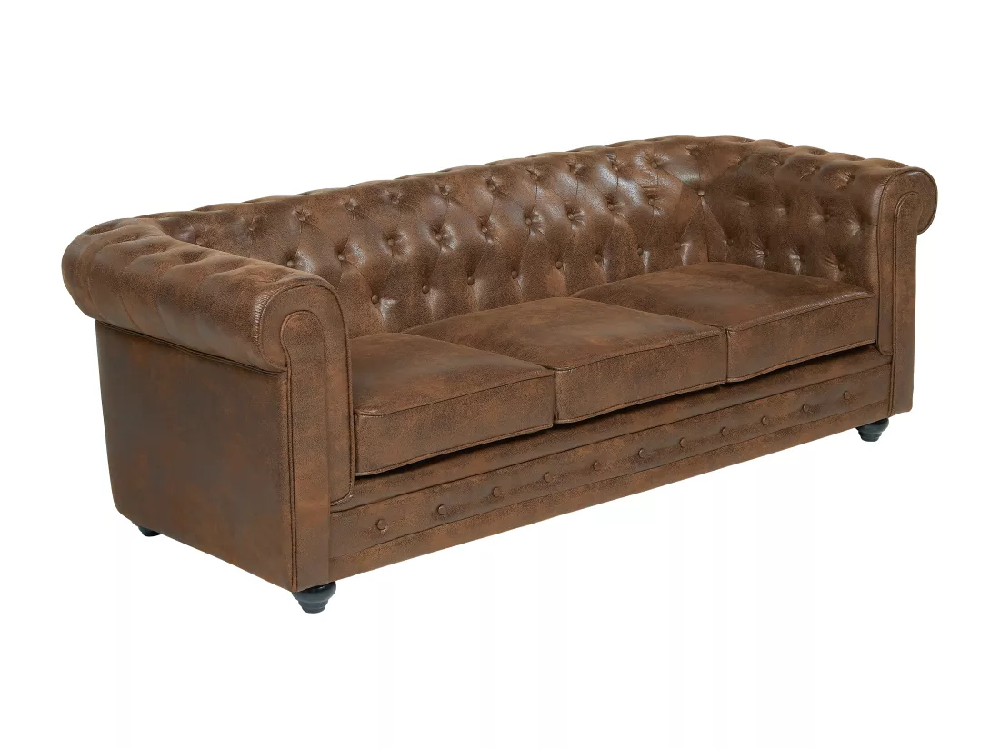 Canapé 3 places CHESTERFIELD en microfibre aspect cuir vieilli