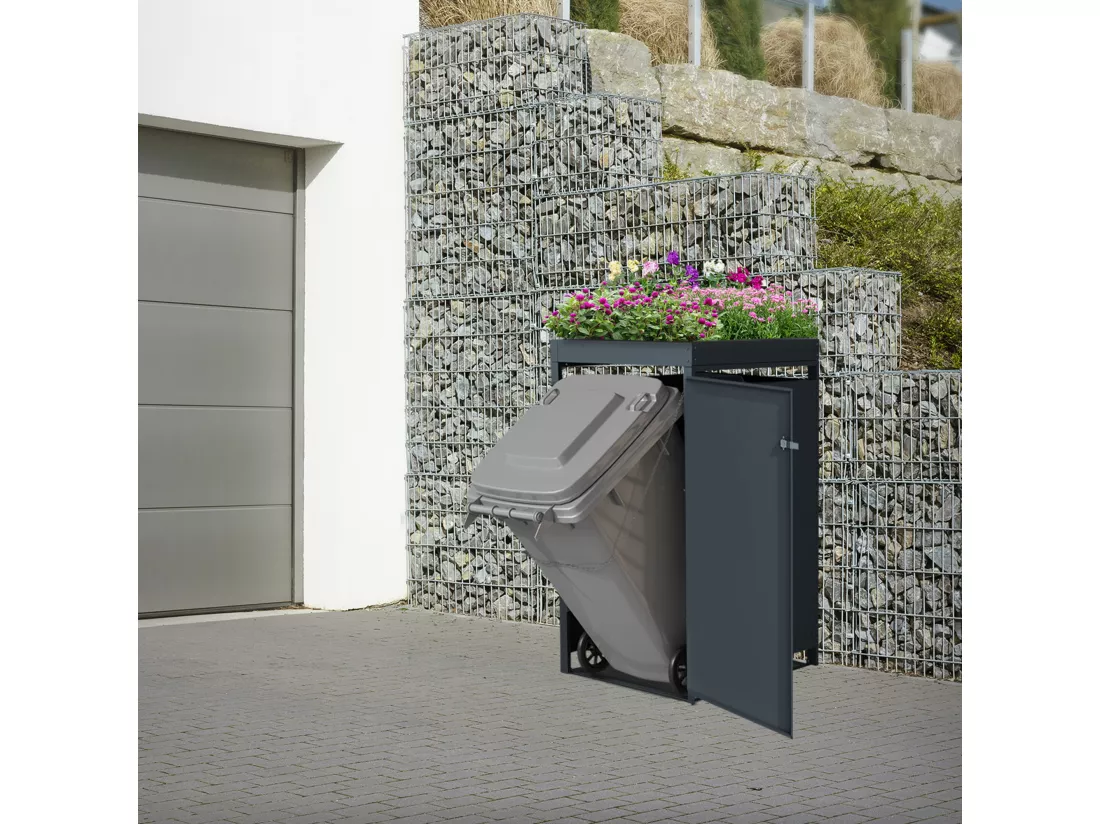Abri de 1 poubelle avec toit végétal acier anthracite rouillé 240L 68x80x124 cm