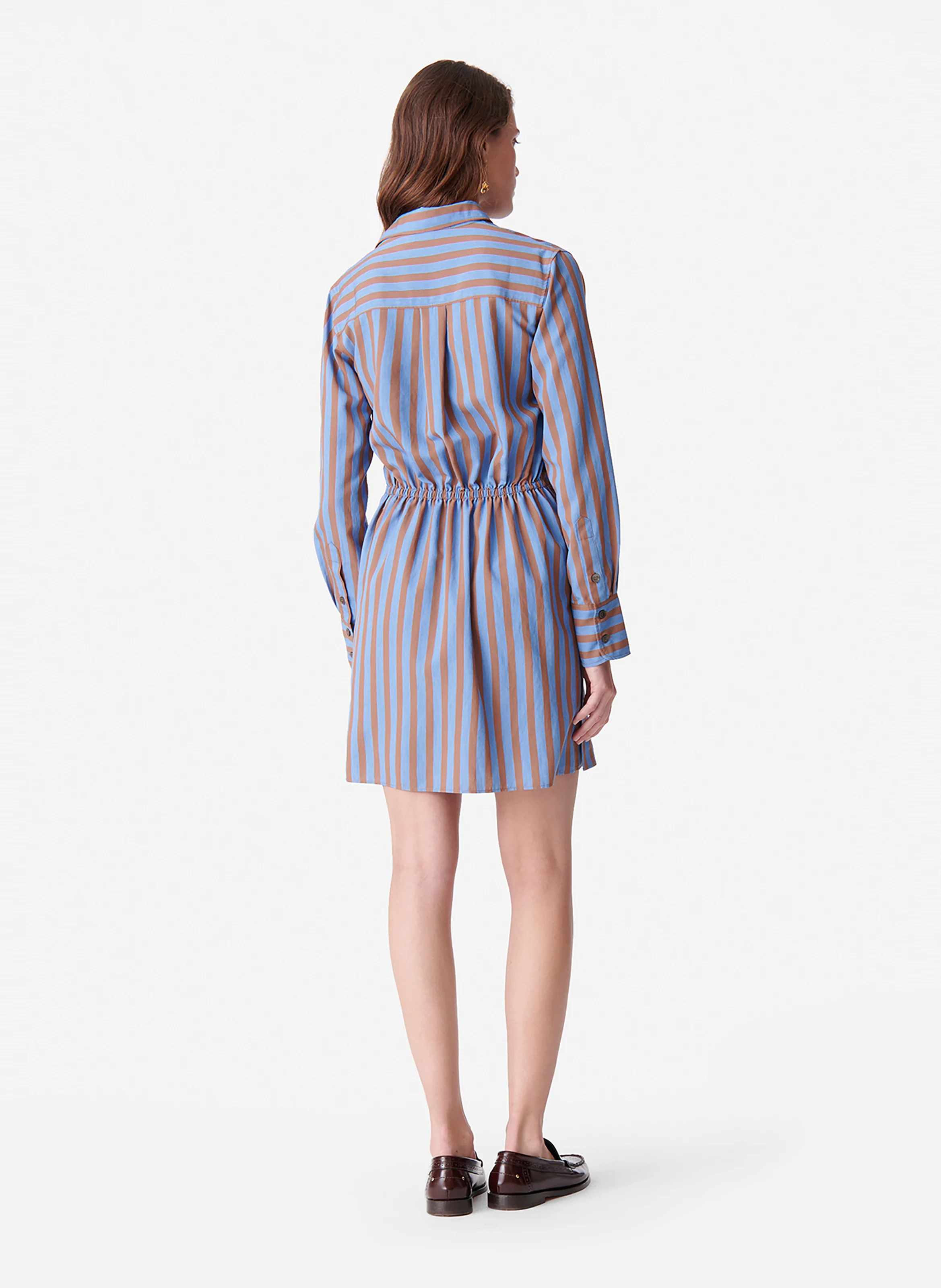 DEMI - Robe courte col classique en coton mélangé rayé | Bleu