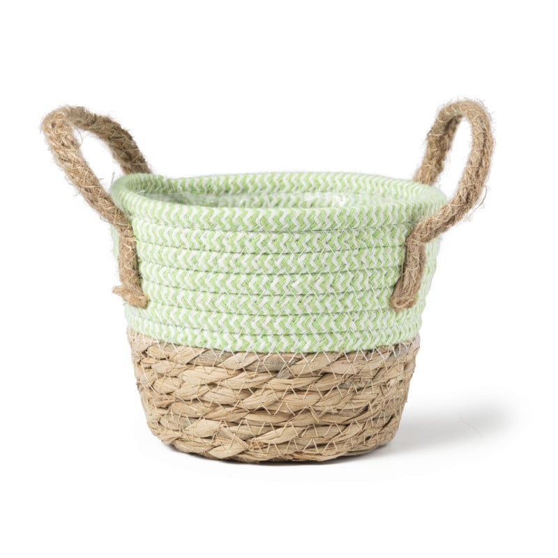 Rieten mand met hengsel - groen - ø15x16.5cm