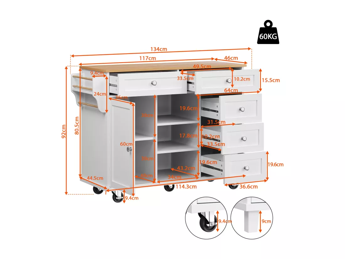 Ilot central de cuisine fixe avec une porte, 5 tiroirs et 3 compartiments ouverts - 134 x 46 x 92 cm - Bois MDF - Blanc