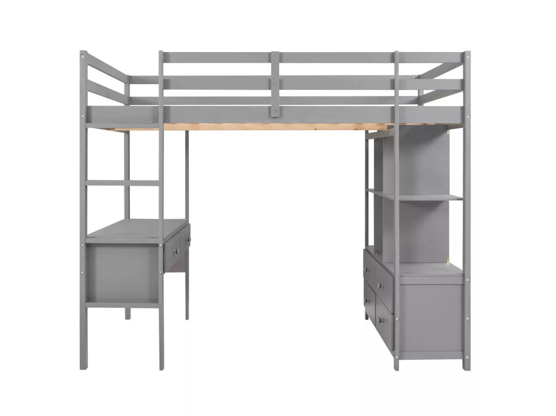 Lit mezzanine 140x200cm pour enfant - lit surélevé avec tiroirs de rangement, bureau et bibliothèque de rangement sous le lit - gris