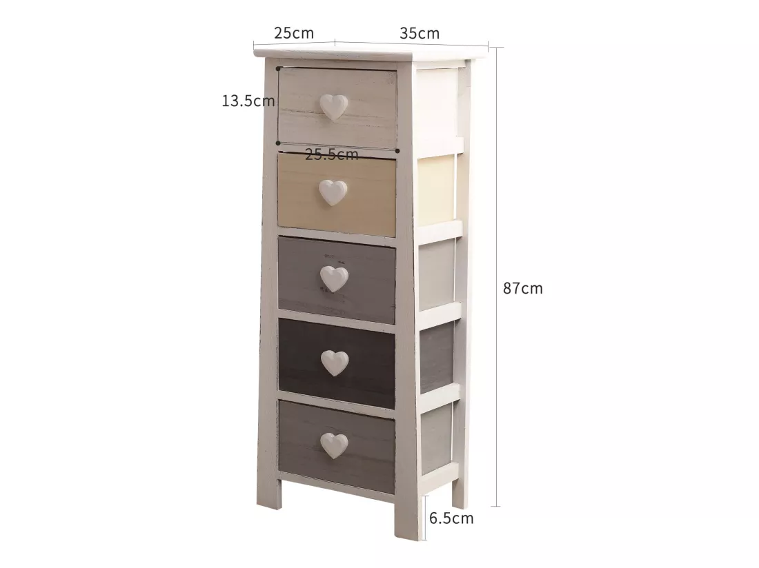 Chiffonnier Commode 5 Tiroirs Bois Blanc Beige Gris 87x37x25