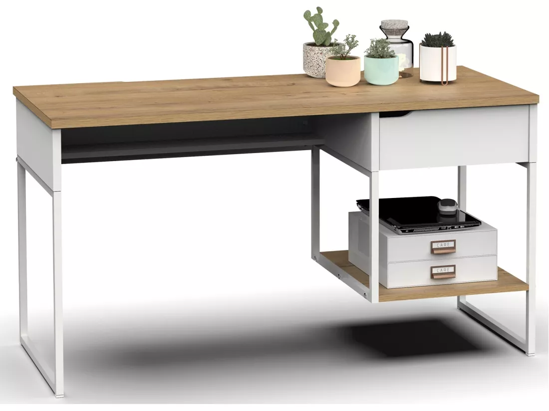 Bureau, table de travail en aggloméré finition chêne avec pieds en métal blanc - Longueur 137.5 x Profondeur 58 x Hauteur 76 cm