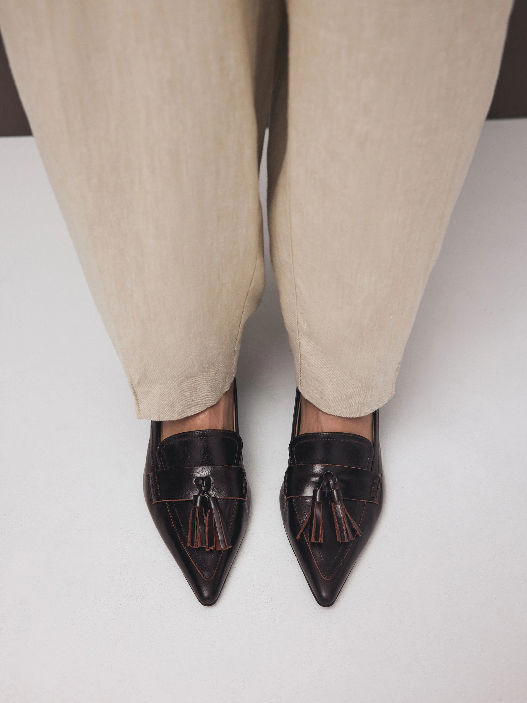 Chocoladebruin - Premium Leather With Motionflex Point Toe Tassel Heels Loafers