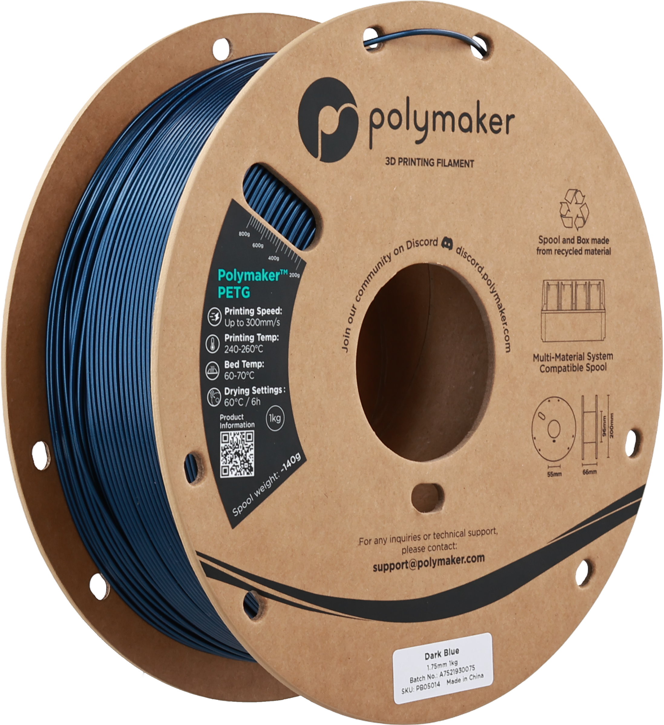 Polymaker  PETG Dark Blue, 1,75 mm / 1000 g    Robustes PETG optimiert für High Speed Druck in Dark Blue