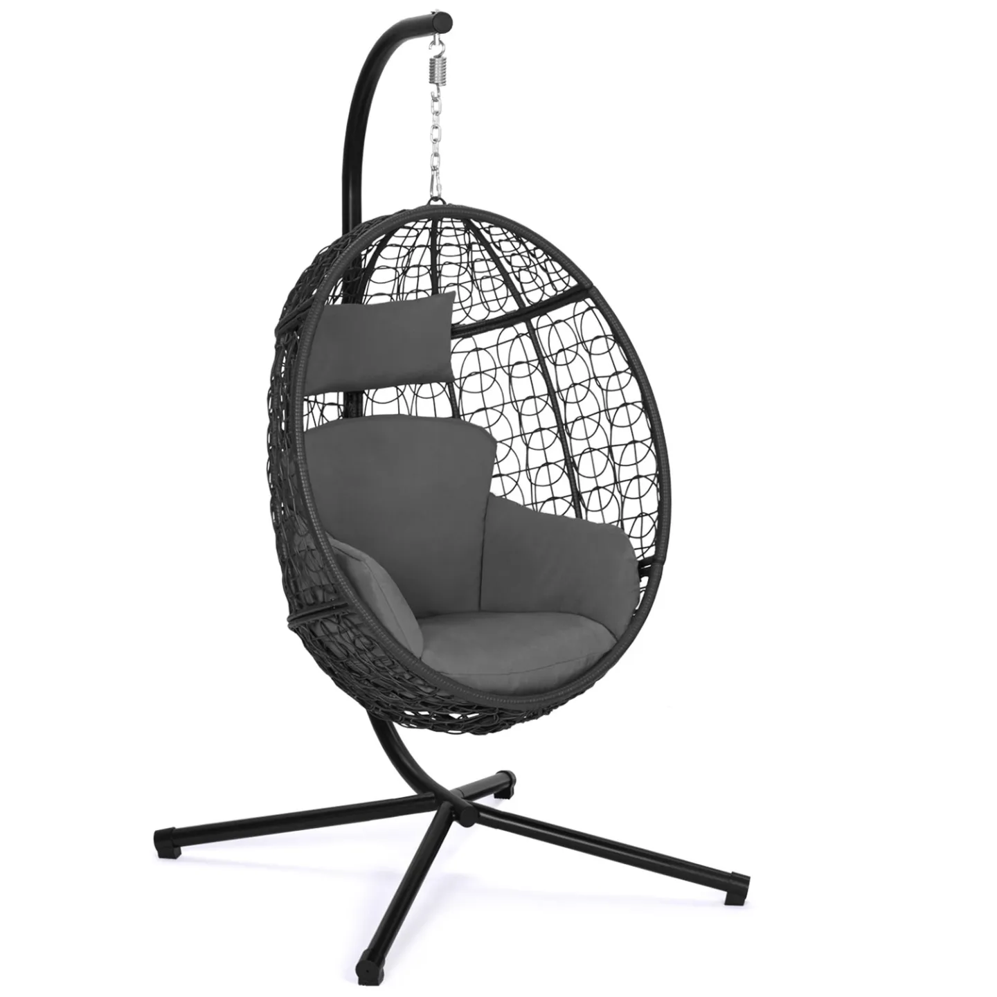 Fauteuil oeuf suspendu ajouré effet rotin gris avec coussin gris
