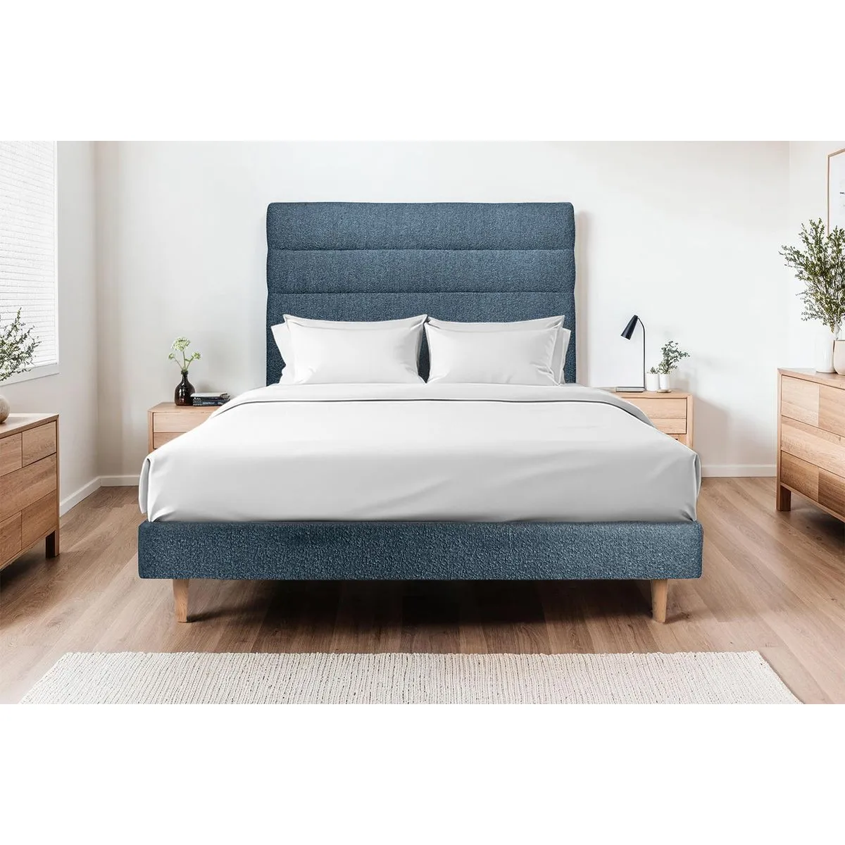 Sommeil de plomb Lit 140x190cm - Tête de lit lignes et sommier tapissier - Bleu