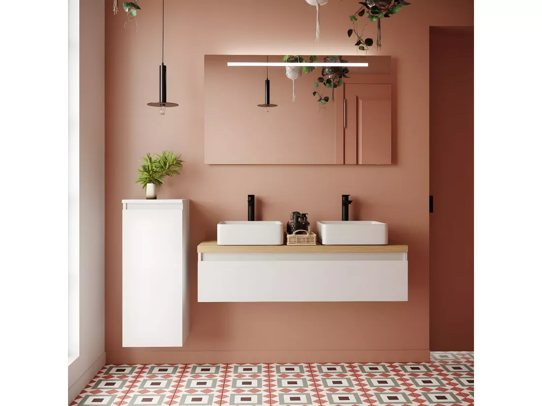 Meuble de salle de bain suspendu 2 vasques à poser 120cm 1 tiroir Blanc - Hudson