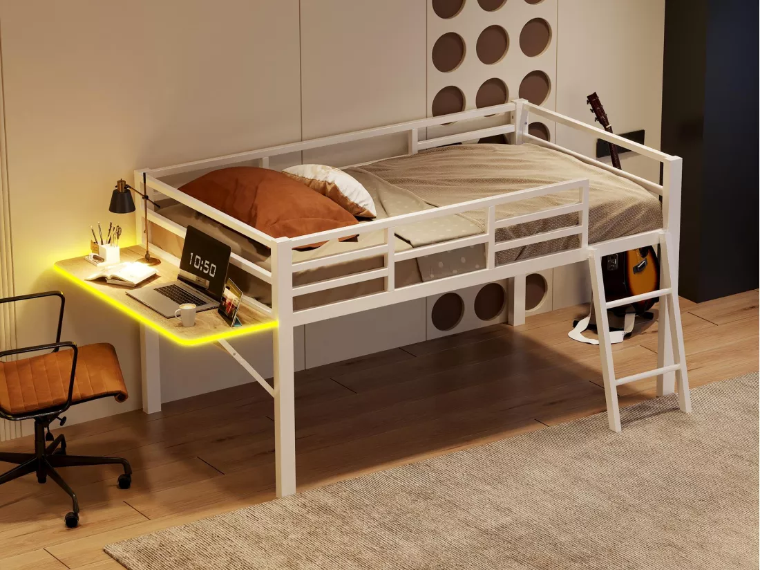 Lit mezzanine 90x200cm en métal avec LED - avec bureau abattant et sommier à lattes - Blanc