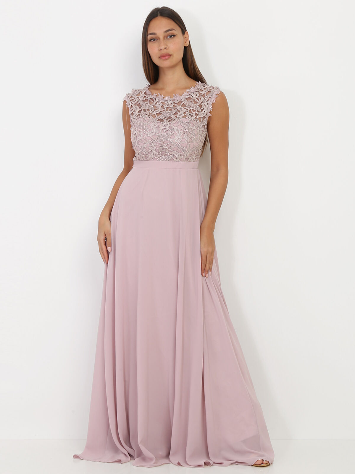 Robe longue à dentelle- Taupe