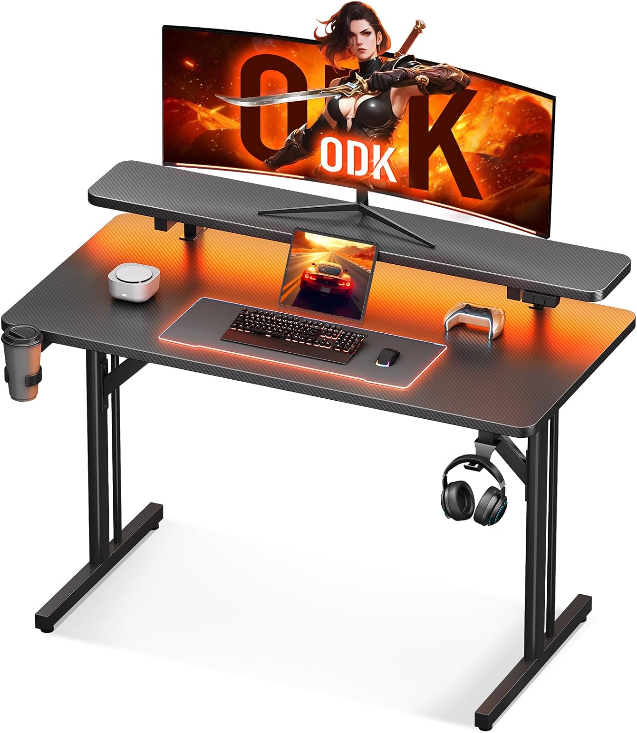 ODK Gaming Tisch, Kleiner Gaming Schreibtisch mit LED Beleuchtung, 80cm Computertisch mit Monitorablage, Carbon Fiber Schwarz PC Gamer Tisch