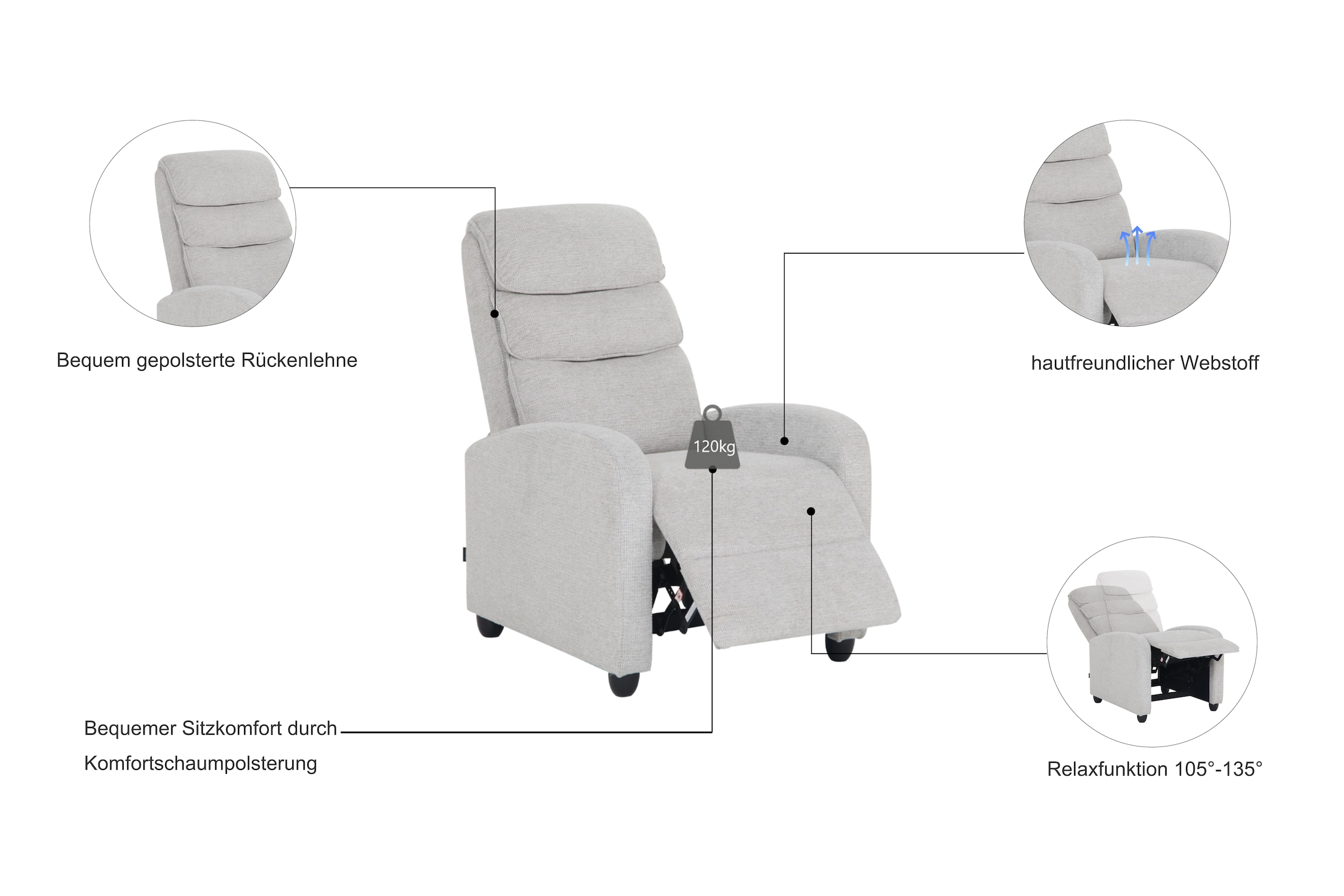 Home affaire Relaxsessel »BERVILLE, TV-Sessel, Ruhesessel mit Schlaffunktion, Webstoff« Liegesessel mit manueller Relaxfunktion