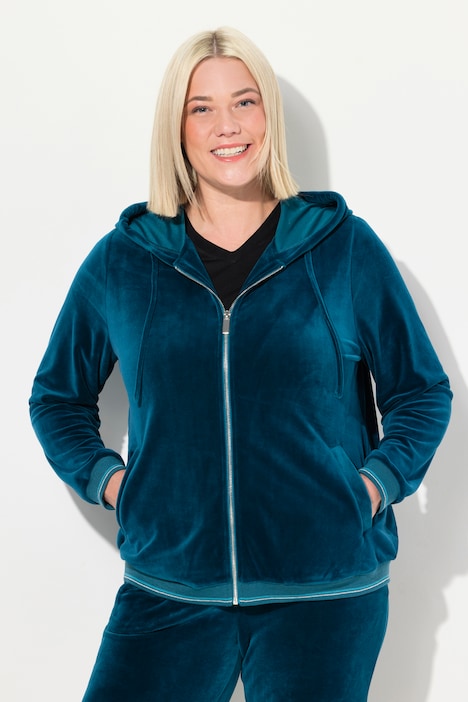 Samt-Sweatjacke, Blüte, Kapuze, Glitzerstreifen-Bündchen
