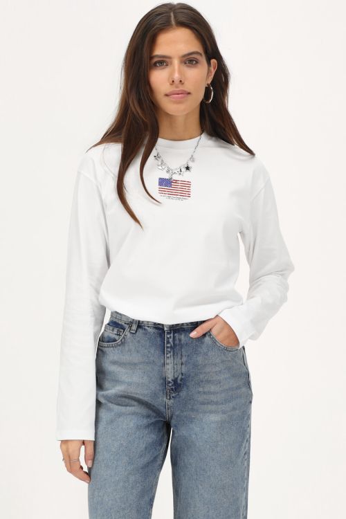 Witte longsleeve T-shirt met Amerikaanse vlag