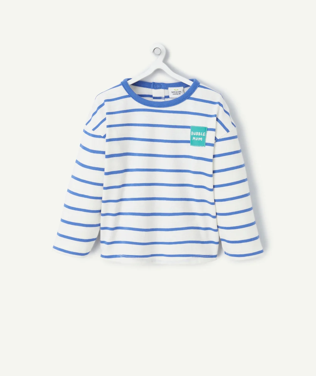 T-SHIRT MANCHES LONGUES BÉBÉ GARÇON EN COTON BIO BLANC À RAYURES BLEUES