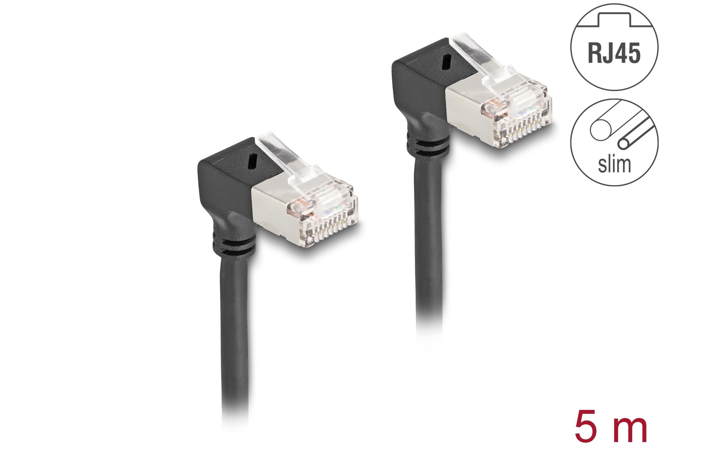 Patchkabel 90° gewinkelt Cat 6A, S/FTP, 5 m, SchwarzDelock RJ45 Netzwerkkabel Cat.6A S/FTP Slim 90° unten / unten gewinkelt 5 m schwarz