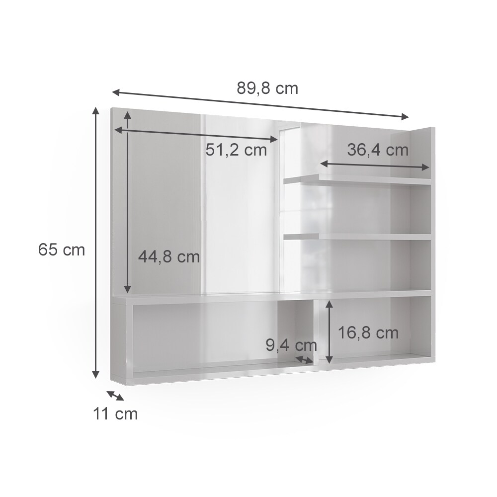 Vicco Spiegelregal Weiß Hochglanz 89,8 x 65 cm, moderner Badspiegel mit Ablagen