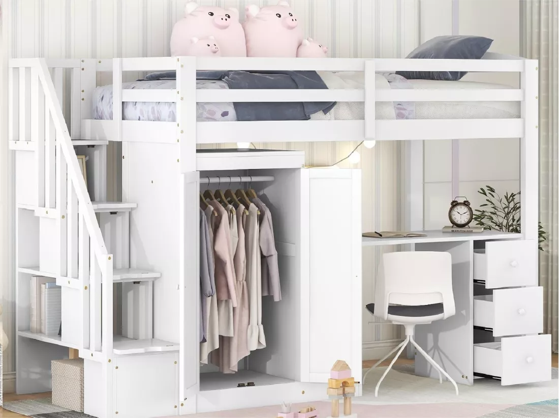 Lit mezzanine 90 x 200 avec armoire et escalier, bureau et tiroirs - Pin + MDF - Blanc