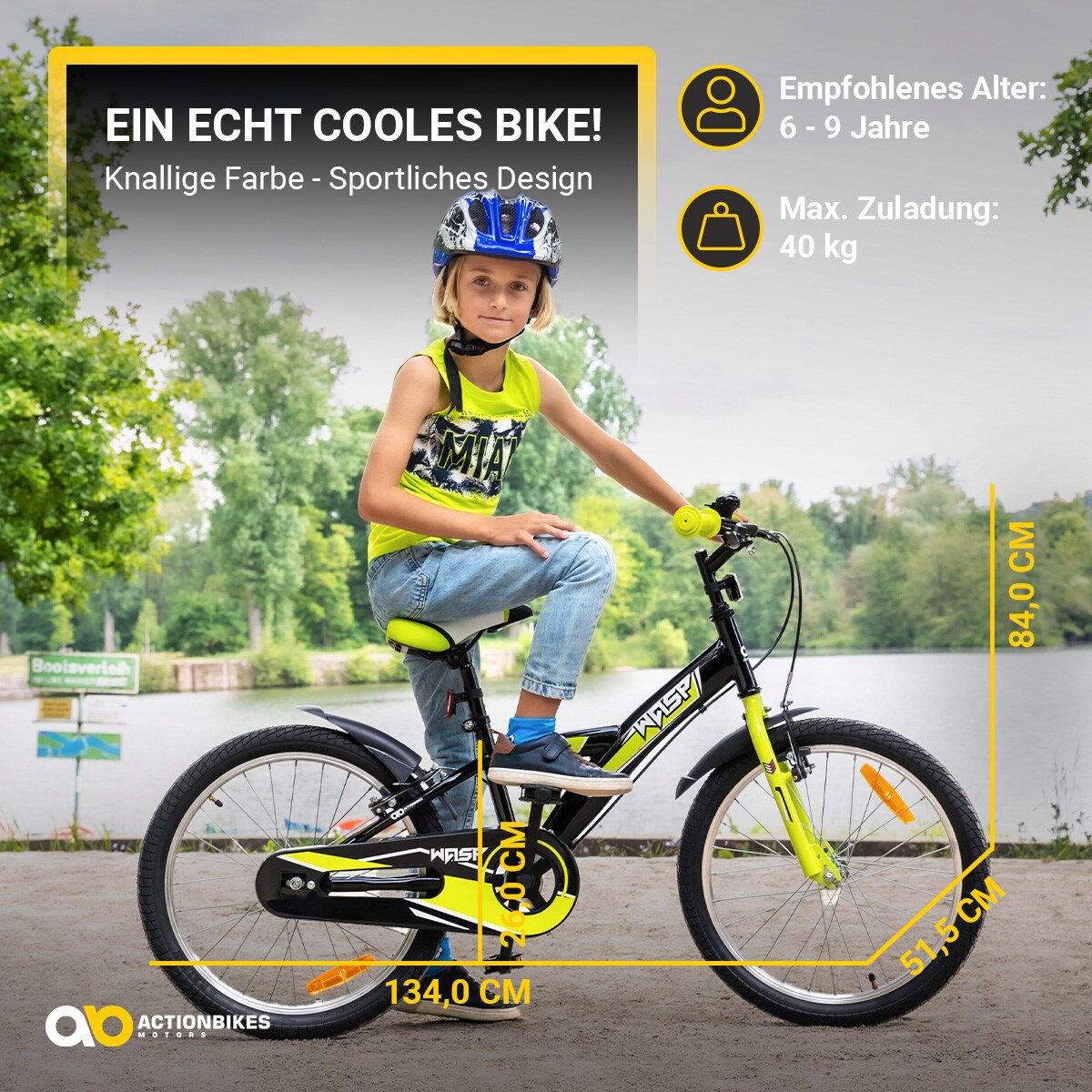 Actionbikes Kinderfahrrad Wasp 20 Zoll, Fahrradständer, Schutzbleche, verstellbar, V-Brake-Bremsen (Schwarz-Grün)