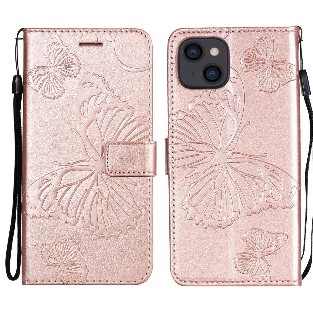 iPhone 13 Leder Tasche mit Kartenfach   Handschlaufe Schmetterling - Roségold